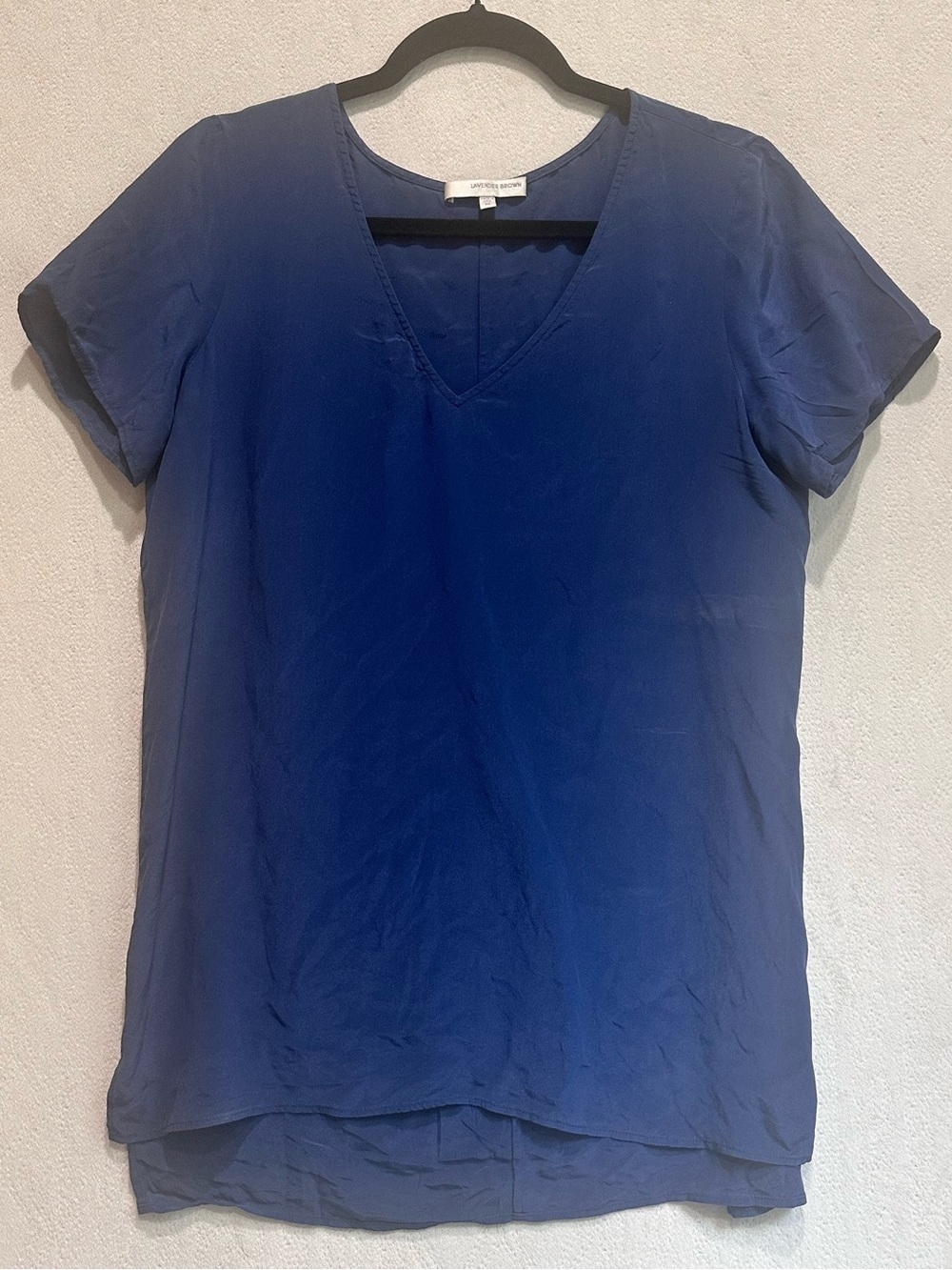 Lavender Brown Azure Blue 100% Silk V-Neck Short Sleeve Top Sz M